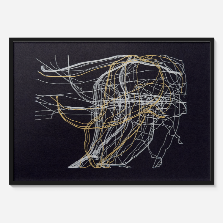 Framed abstract art with gold and white lines on a black background